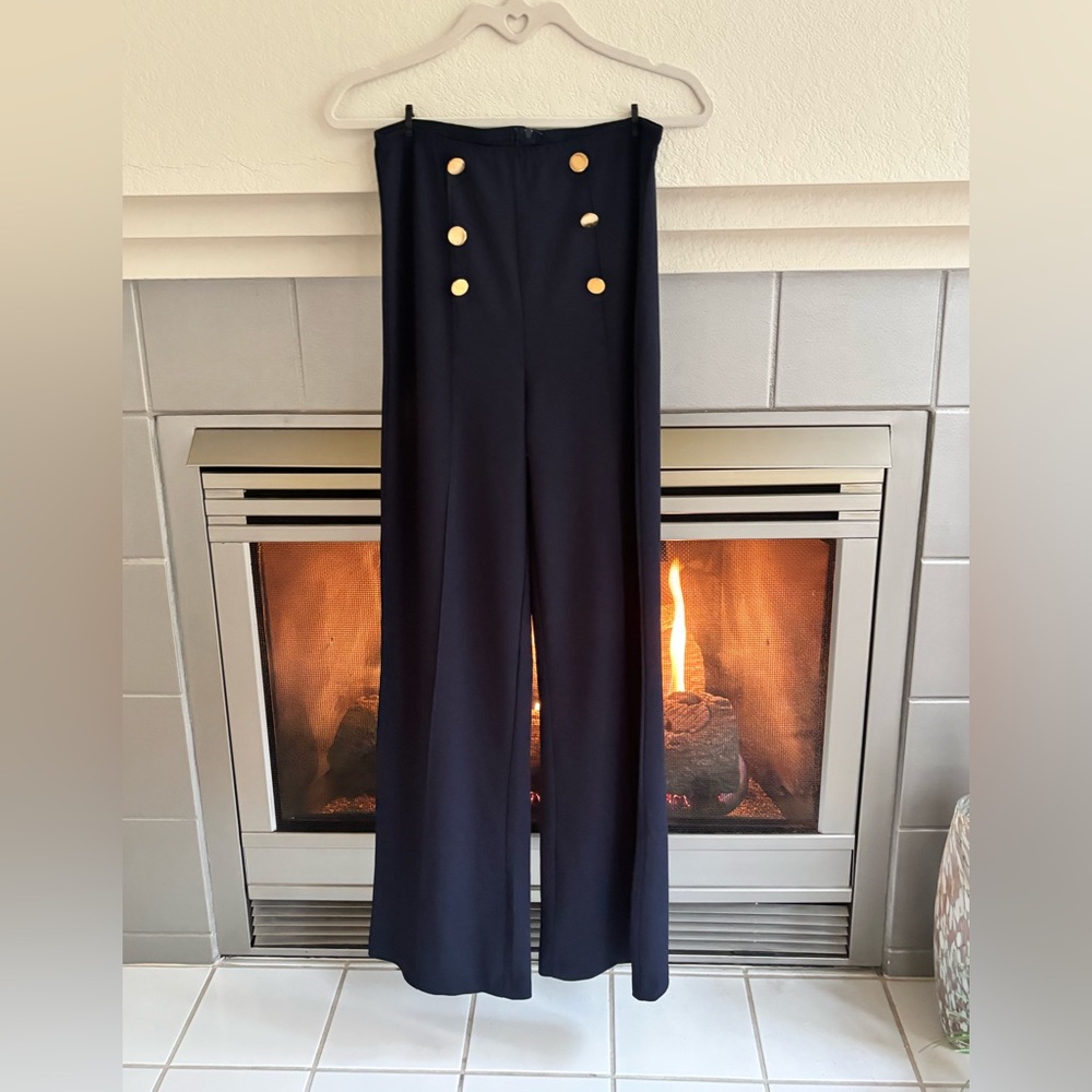 LOVE NATION Navy High-Waist Wide-Leg Pants with Gold Button Detail MEDIUM